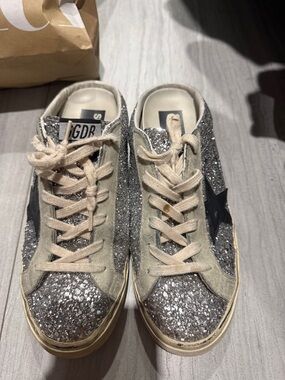 Golden Goose Silver Glitter Low-Top Sneakers with Black Star